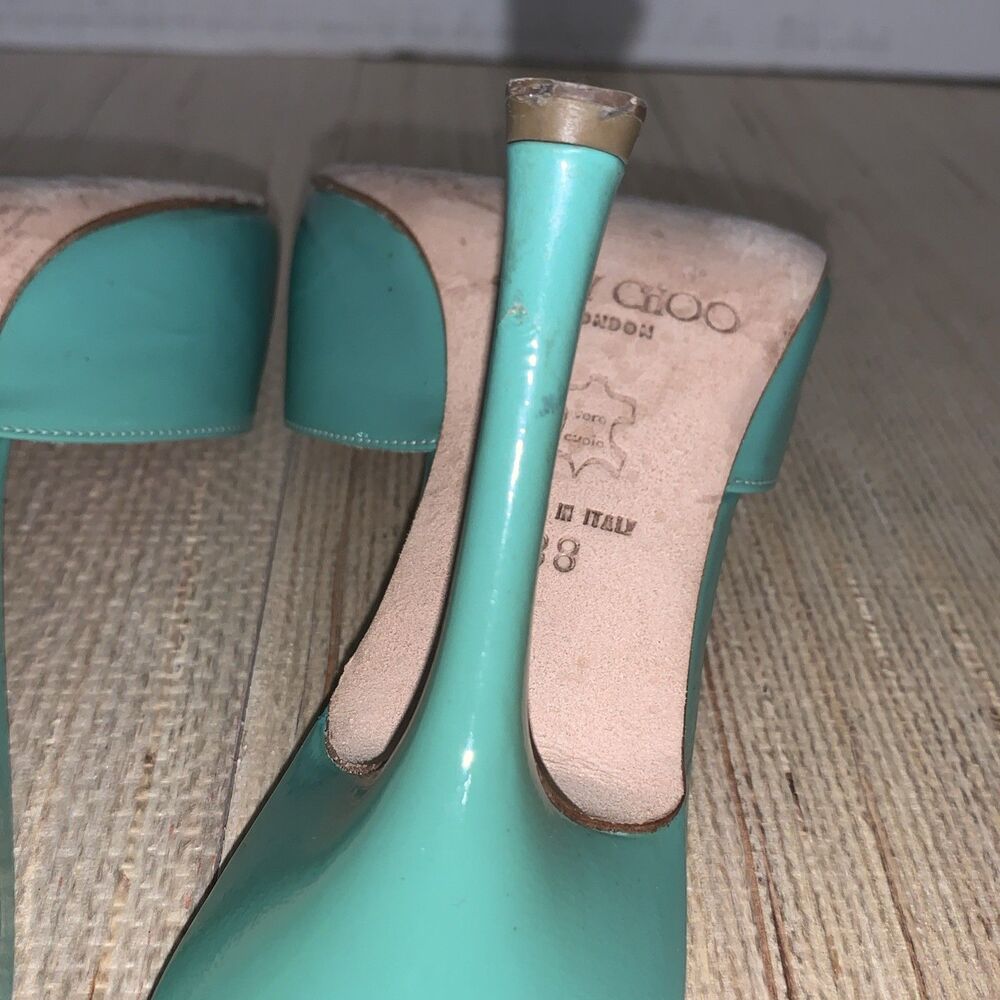 Jimmy Choo Turquoise/Green Patent Leather Sandals Preppy Office Womens 8 EU 38 - Picture 11 of 16